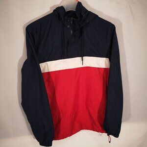 Amnesia Men's Size Small 1/4 Zip Navy Red White Hooded Lightweight Pullover